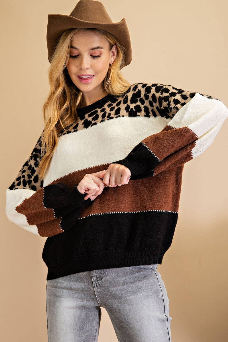 ITB2003 CHEETAH COLOR BLOCK CREW NECK SWEATER