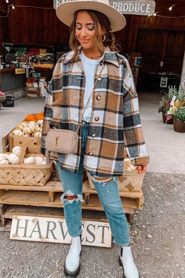 XC1238 Plaid Flannel Shacket Jacket Women